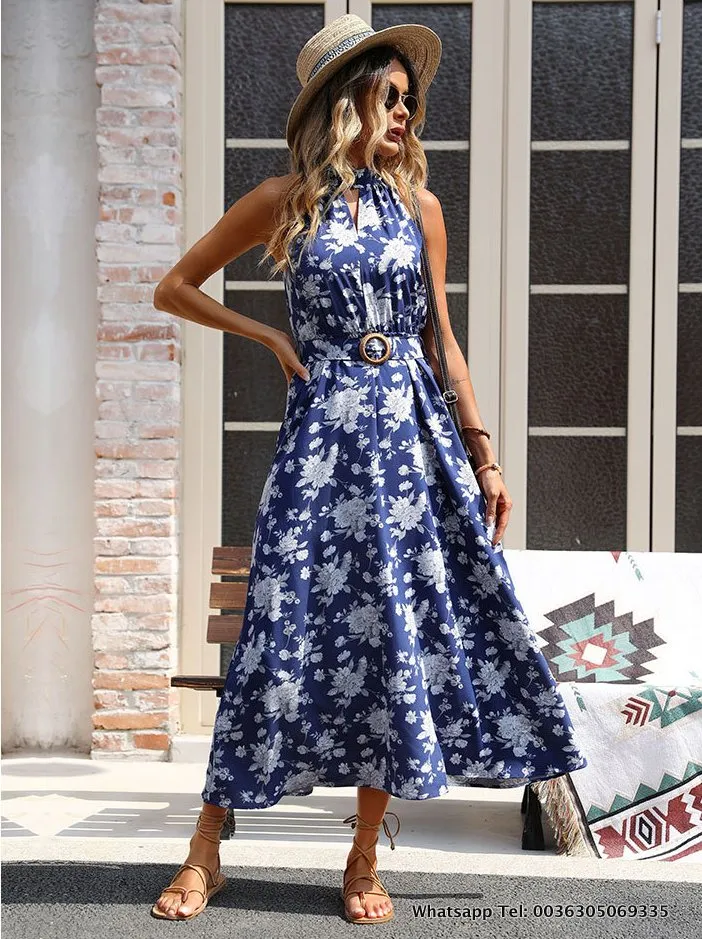 Elegantes Sommer Floral Kleid für Damen Strand Kleid mit Schärpe 