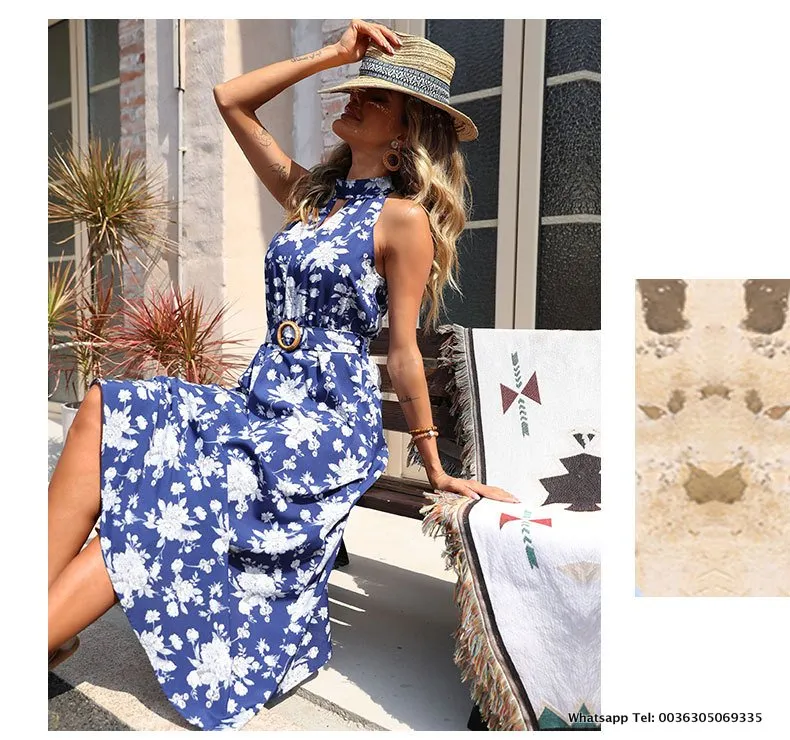 Elegantes Sommer Floral Kleid für Damen Strand Kleid mit Schärpe 
