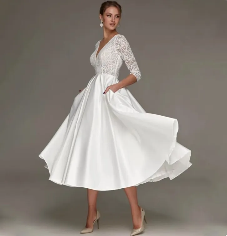 Langarm Vintage Style Standesamtkleid Brooke Wadenlang mit Spitze