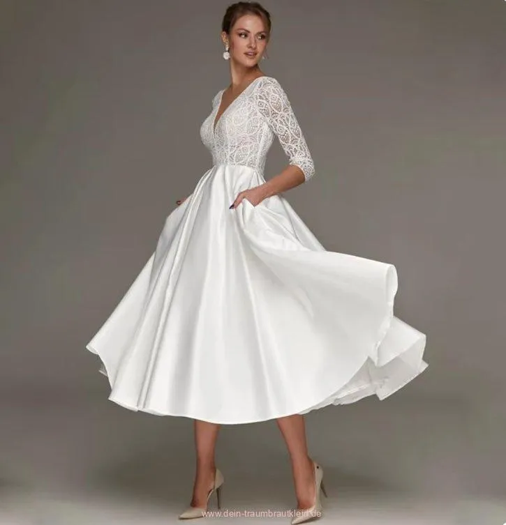 Langarm Vintage Style Standesamtkleid Brooke Wadenlang mit Spitze