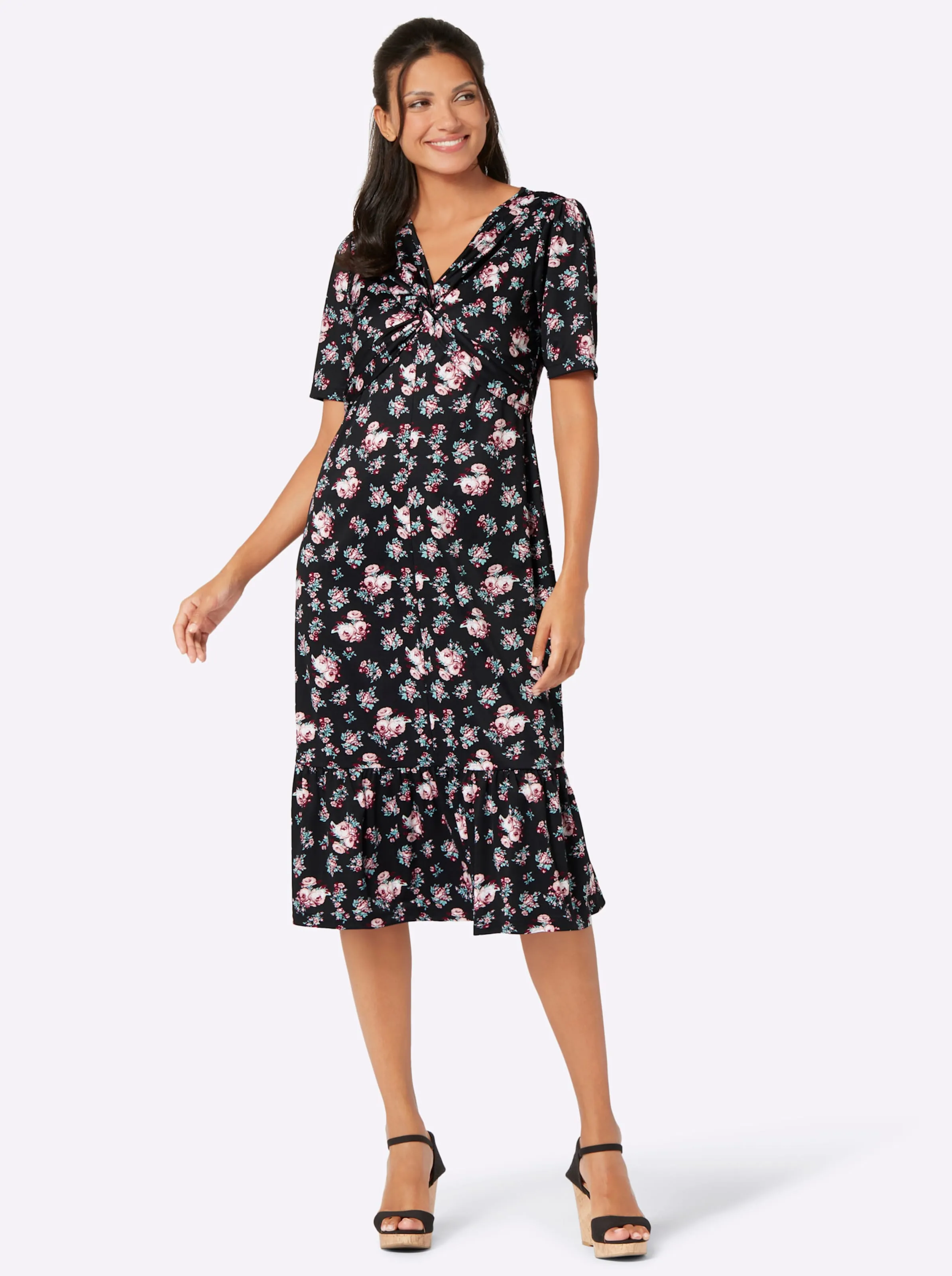 Shirtkleid in schwarz-hortensie-gemustert