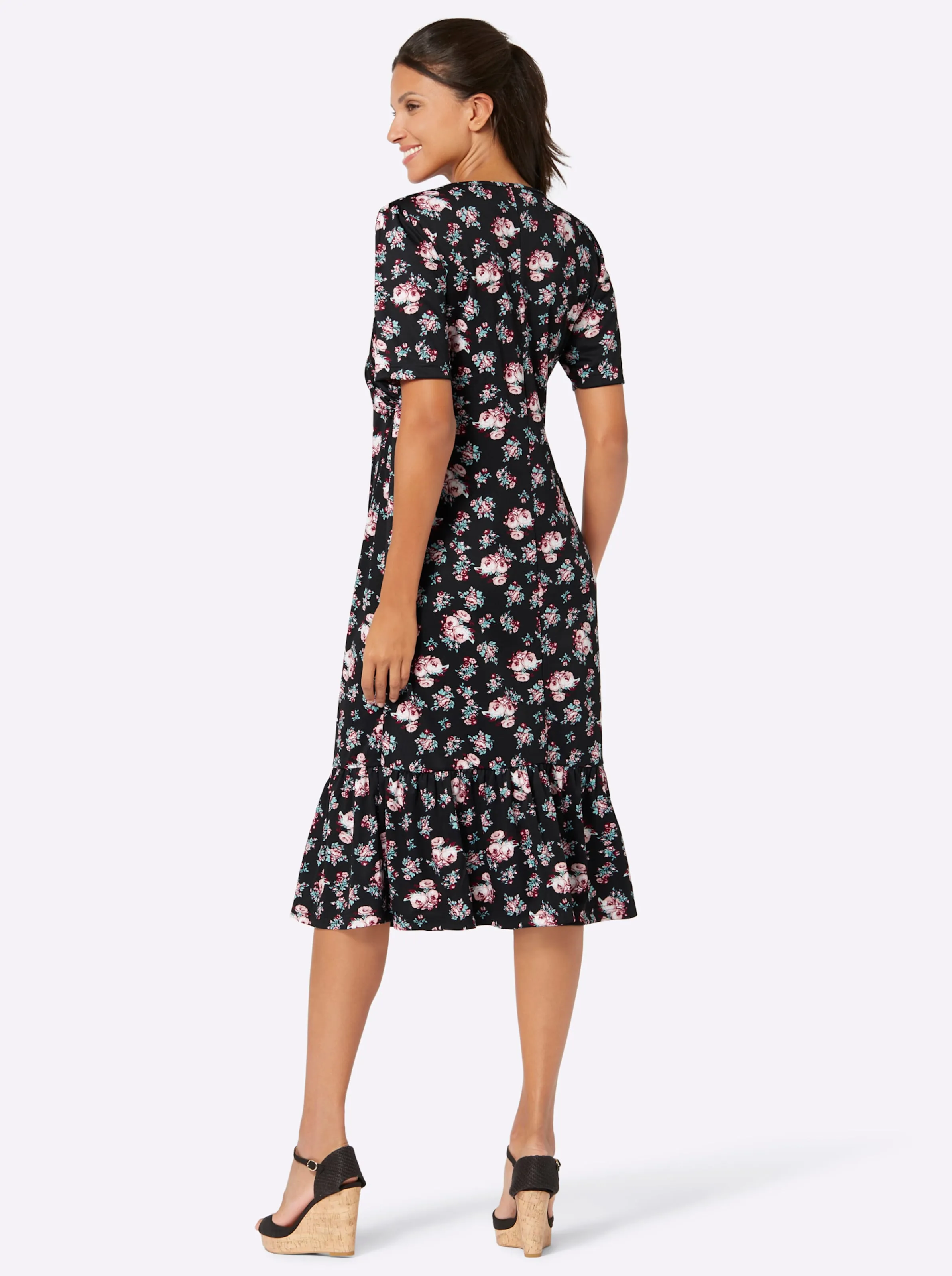 Shirtkleid in schwarz-hortensie-gemustert